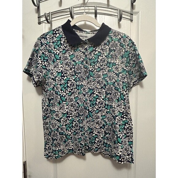 Lands End Women’s LP Dandelion Floral Polo Short Sleeve Shirt 100% Cotton Petite - Picture 1 of 16